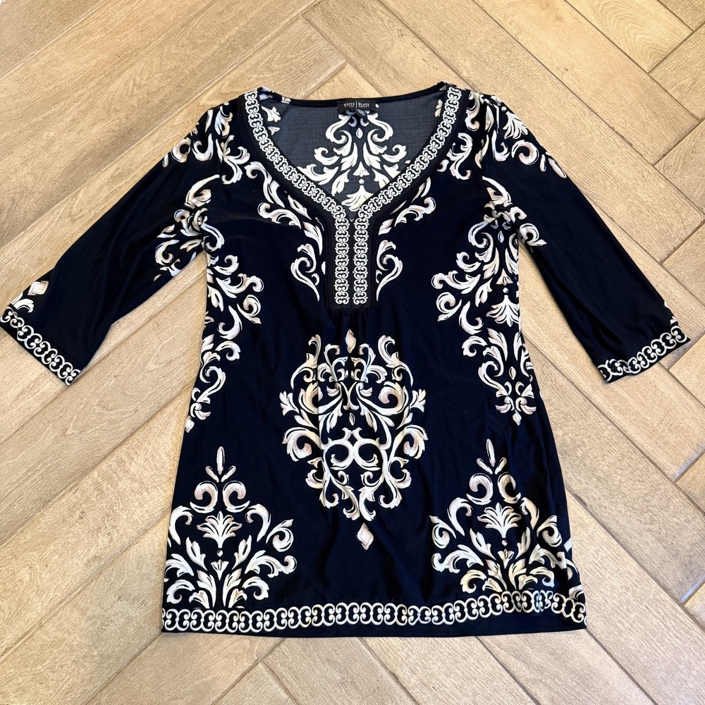 White House Black Market Tunic Blouse Womens Small Black Floral 3/4 Sleeve
